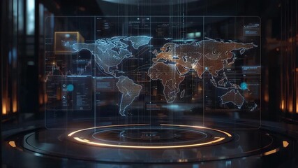 Digital World Map Display: A futuristic view of a digital world map display, illuminating in the shadows. A visual metaphor for connectivity and global information access. - Powered by Adobe