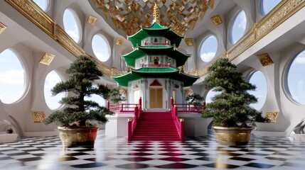 Fototapeta premium Japanese pagoda with art deco style and geometric elements in ornate interior design