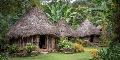Three traditional thatched-roof huts nestled in a vibrant tropical jungle setting
