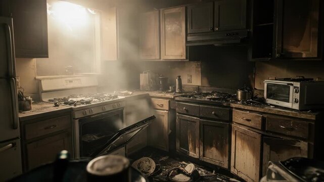 A chaotic kitchen scene with smoke and fire damage, evoking despair.