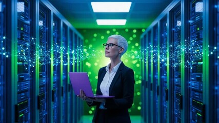 Woman in data center with laptop and glowing network connections - Powered by Adobe