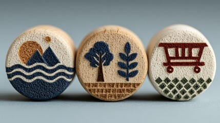 Three engraved wooden game pieces depicting nature and transportation themes