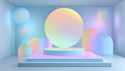 Product display stage with pastel gradient shapes and spheres.