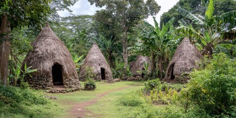 Traditional conical-roofed huts nestled in a vibrant, lush tropical jungle landscape