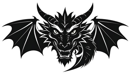 Black vector illustration of a dragon's head with large wings, sharp teeth, and intimidating eyes