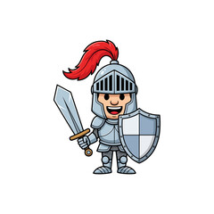 Brave cartoon knight in shining armor, holding a medieval sword and shield, ready for adventure.