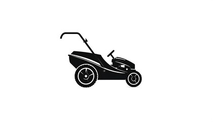 Black vector illustration of a riding lawnmower isolated on a white background. Simplified lawn care graphic