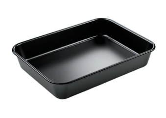 Rectangular, black non-stick baking pan on a dark background
