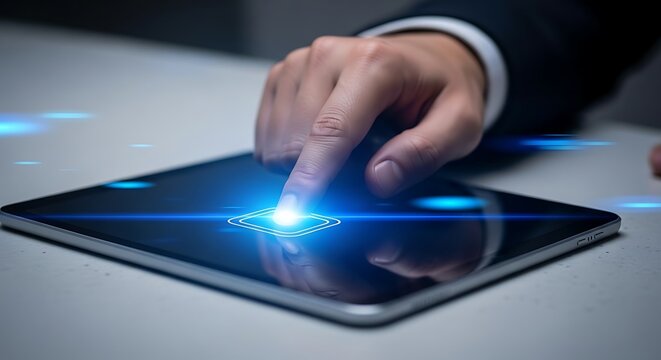 Finger touching digital interface tablet - Powered by Adobe