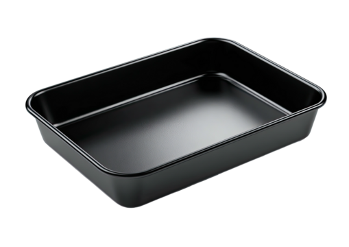 Rectangular, black non-stick baking pan on a dark background