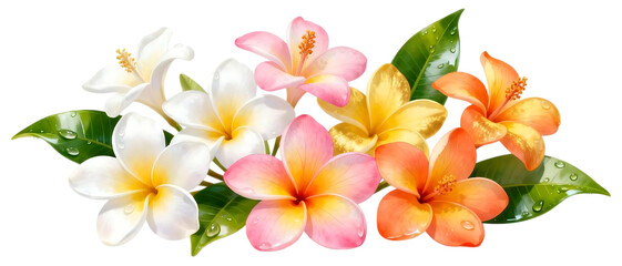 Realistic frangipani flower set with multiple color variations isolated on transparent background, tropical floral element collection
