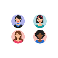 Diverse female user avatars, flat design profile icons, modern women portraits, set of four
