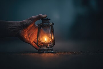 A hand holds an old, glowing oil lantern against a dark, blurry background