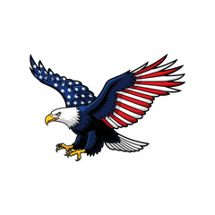 Dynamic American bald eagle illustration, patriotic national symbol with USA flag wings design.