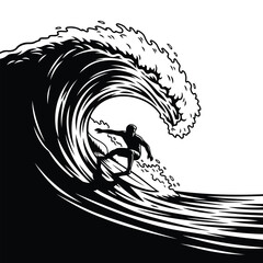 Silhouette of a surfer riding a large wave, black and white