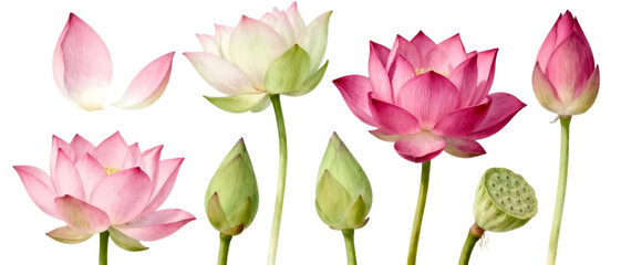 Realistic lotus flower set with multiple bloom stages isolated on clean transparent background, elegant aquatic floral element collection
