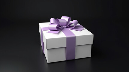 Obraz premium A pristine white gift box, adorned with a delicate purple ribbon and bow, exudes elegance and anticipation against a sleek black backdrop, perfect for any special occasion