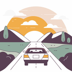 A white car driving on a road at sunset with mountains