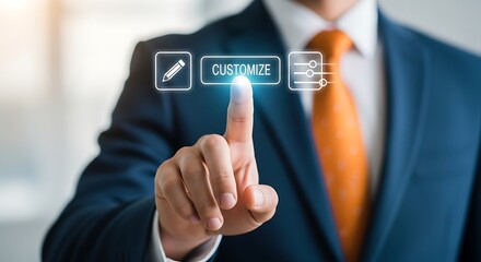 Businessman touching customize button suit orange tie