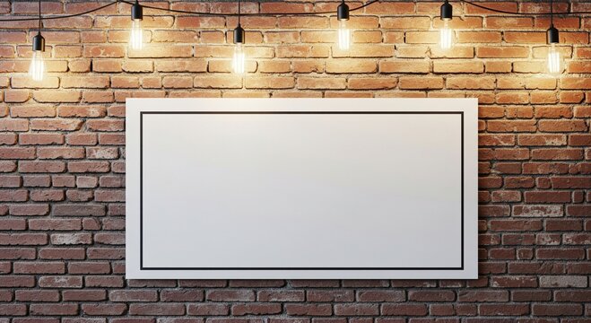 Blank horizontal poster mockup with frame on brick wall illuminated by string lights
