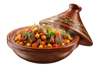 Steaming tagine of stewed meat, chickpeas, and carrots