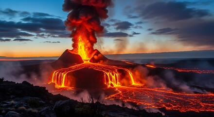 Volcanic Eruption at Dusk - A Fiery Display of Natures Power.