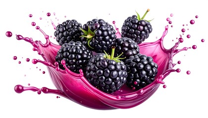 Blackberries burst with purple liquid, creating a vibrant splash on a white background
