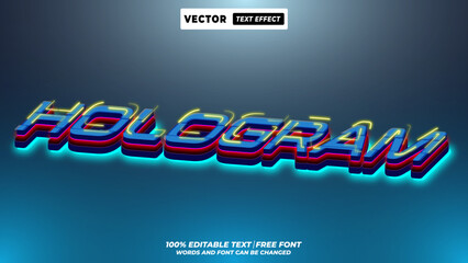 Hologram futuristic neon glow style 3d editable vector text effect. Customizable neon glow typography design for cyberspace game headline and youth techno marketing template.