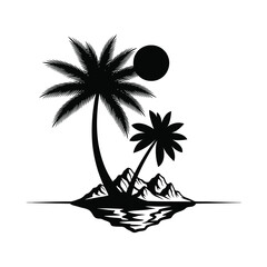 Silhouette of palm trees on an island with mountains and reflection