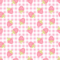 Summer seamless pattern with gingham pattern of fruits. healthy food set and strawberry cartoon background.
