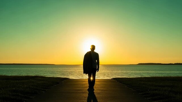 Man walking towards the sun on a path by the water