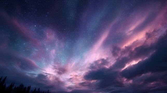 Majestic aurora borealis dances with vibrant colors across a starry night sky above a dark silhouetted treeline