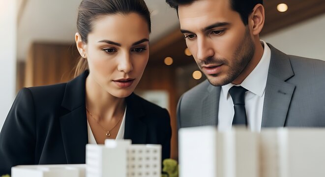 Business professionals examining architectural model