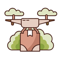 Drone carrying package through the air in a vector illustration