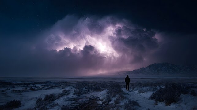 A solitary figure observes a dramatic lightning storm in a desolate snowy landscape at night