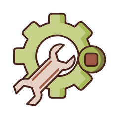 Gear and wrench icon with a button in simple design