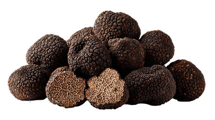 A pile of fresh black truffles isolated on transparent background