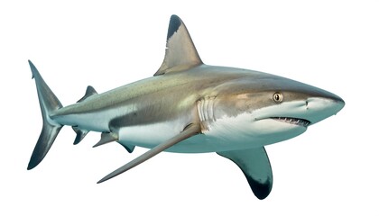 Obraz premium A gray shark with dark fin tips swims right, showcasing its streamlined body and sharp teeth on a white background
