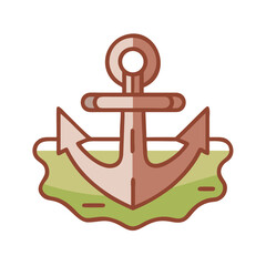 Illustrated brown anchor on light green sea over a black backdrop