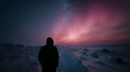 Obraz premium A silhouetted figure observes the Aurora Borealis in a vast frozen snowy landscape under a star filled night sky