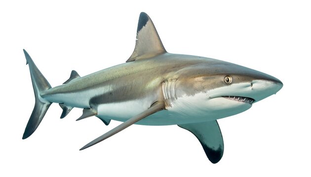 A gray shark with dark fin tips swims right, showcasing its streamlined body and sharp teeth on a white background