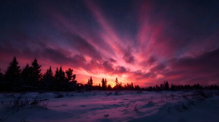 A vibrant winter sunset paints the sky with dramatic pink and red clouds over a snow covered landscape and silhouetted evergreen trees