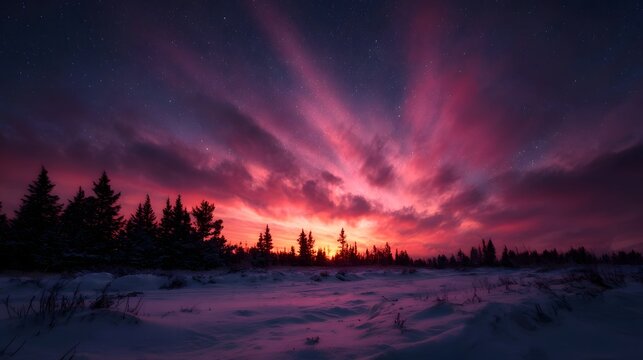 A vibrant winter sunset paints the sky with dramatic pink and red clouds over a snow covered landscape and silhouetted evergreen trees - Powered by Adobe