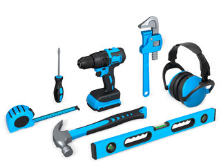 Construction tools and safety equipment shown on white background. Concept of work safety and building tools