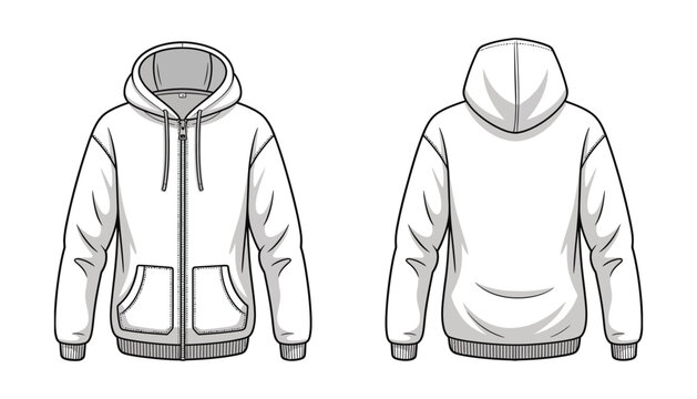 Technical flat vector illustration of men&rsquo;s hooded zip-up jacket with chest pockets and front pouch, ideal for fashion design template, clothing sketches, apparel branding, digital mockups, and design