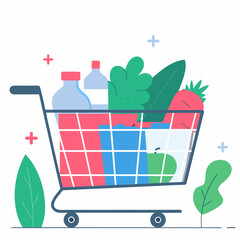 Shopping cart filled with groceries in a flat style