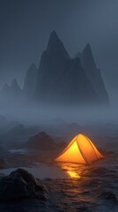 Pixel Art Camping Tent In Foggy Mountains Landscape