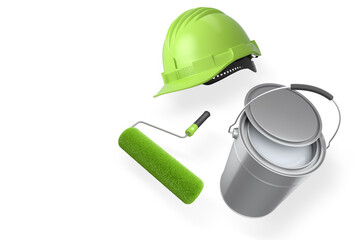 Construction helmet, paint roller, brush and paint bucket isolated on white background, representing painting and renovation tools