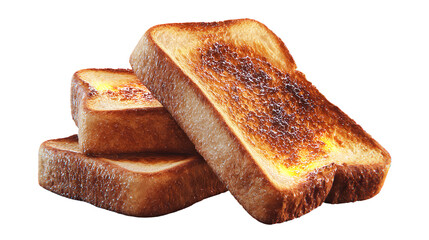 A stack of three golden brown toasted bread slices, perfectly browned with a slightly crisp texture, isolated on transparent background
