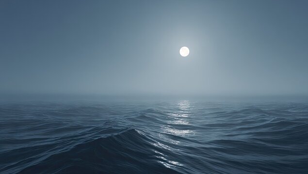 Full moon shines on rippling ocean waves under a hazy sky.